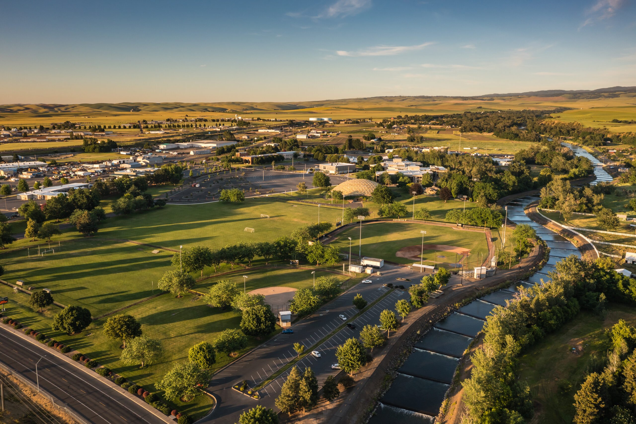 Aerial view of Walla Walla Campus from Tausick Way including Mill Creek