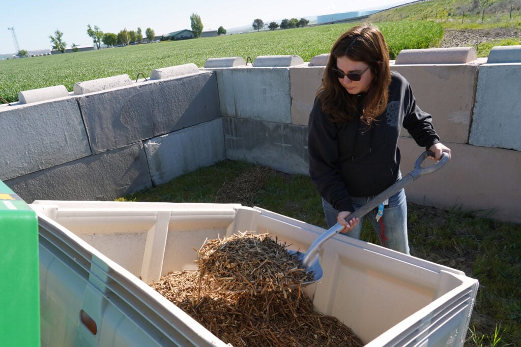 A student uses a shovel to move wood chips into a large outdoor plastic bin beside a field and concrete walls