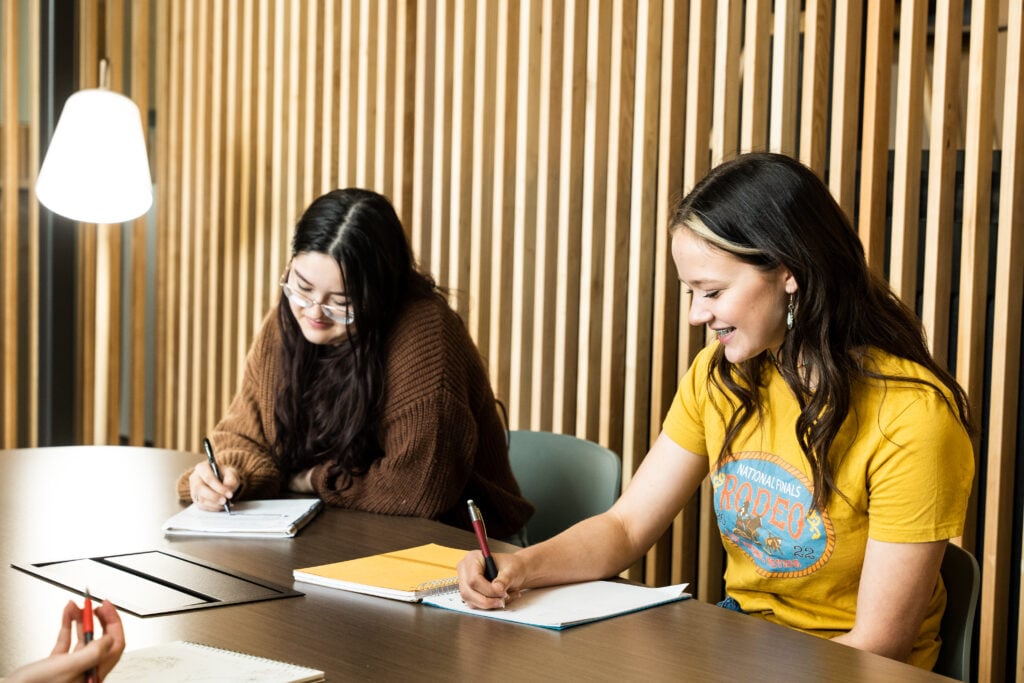 Two students writing in notebooks